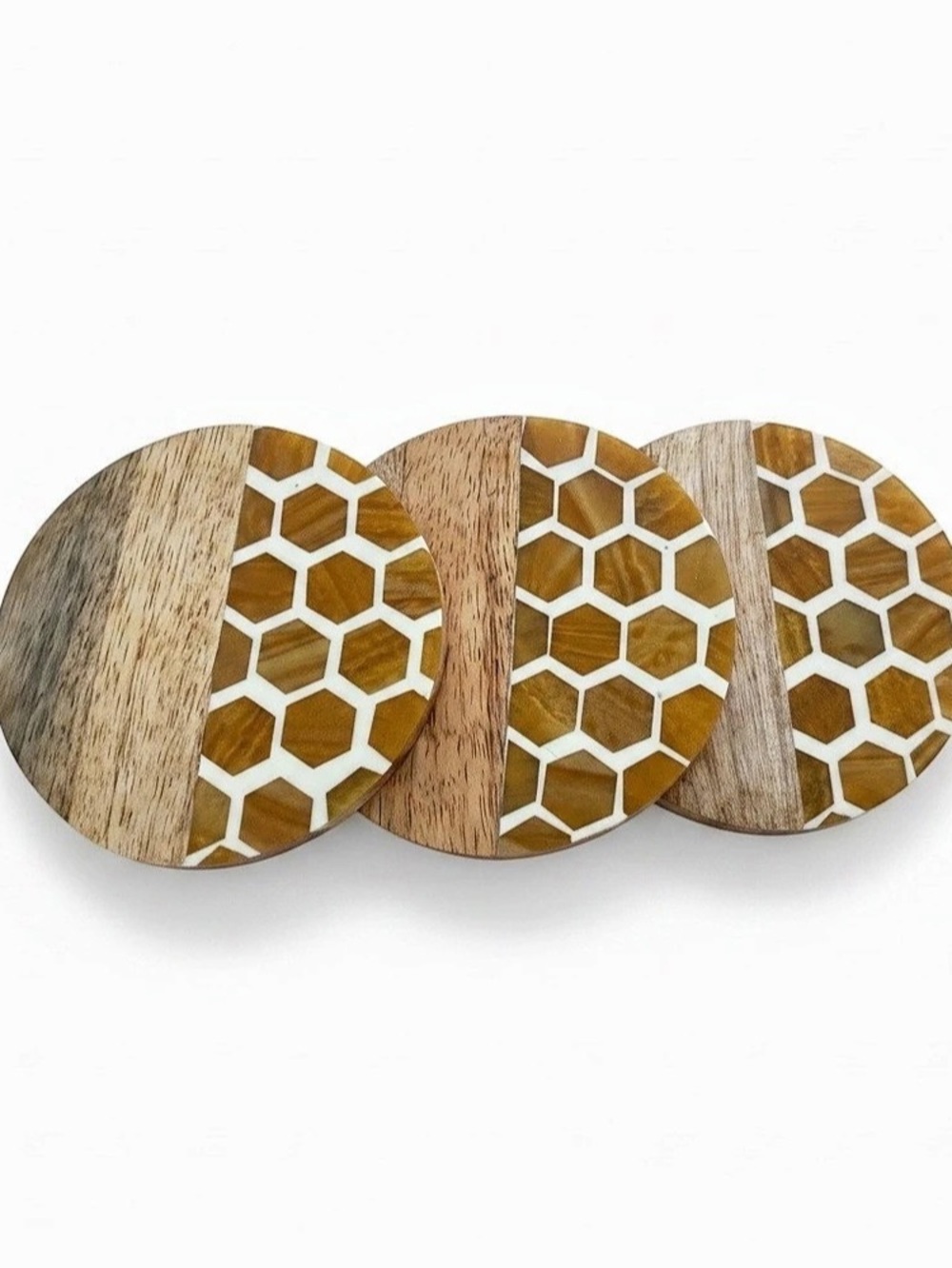 Geometric Wood coaster Decor Set in Brown & White